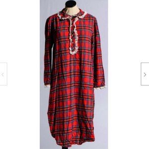 VTG Mamary Red Plaid 100% Cotton Long Flannel Lace Trim Mid Calf Nightgown Sz S